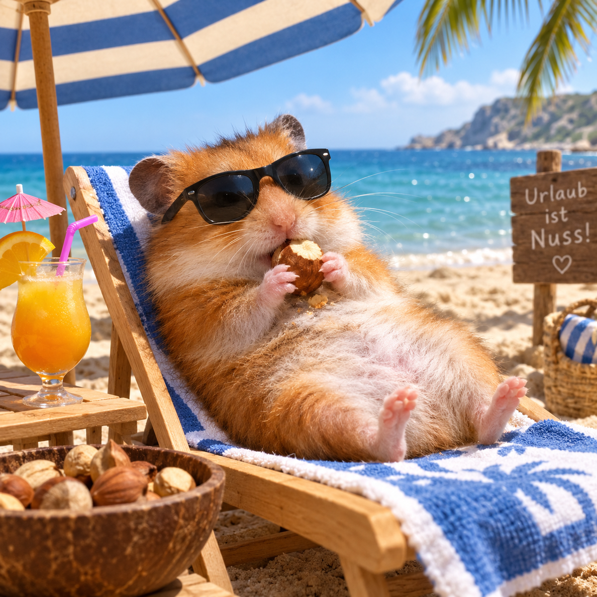 Hamster auf einer Sonnenliege mit einer Nuss